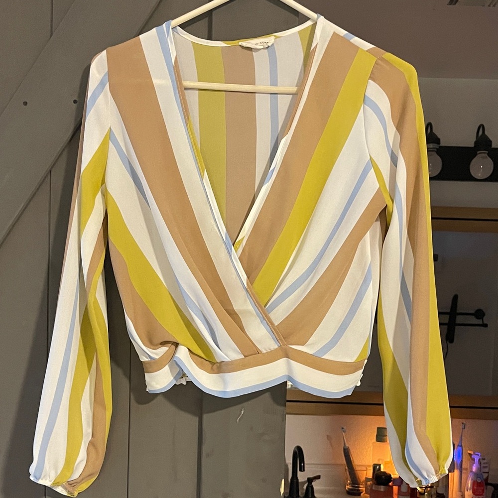 Chic Striped Wrap Blouse in Yellow and Brown